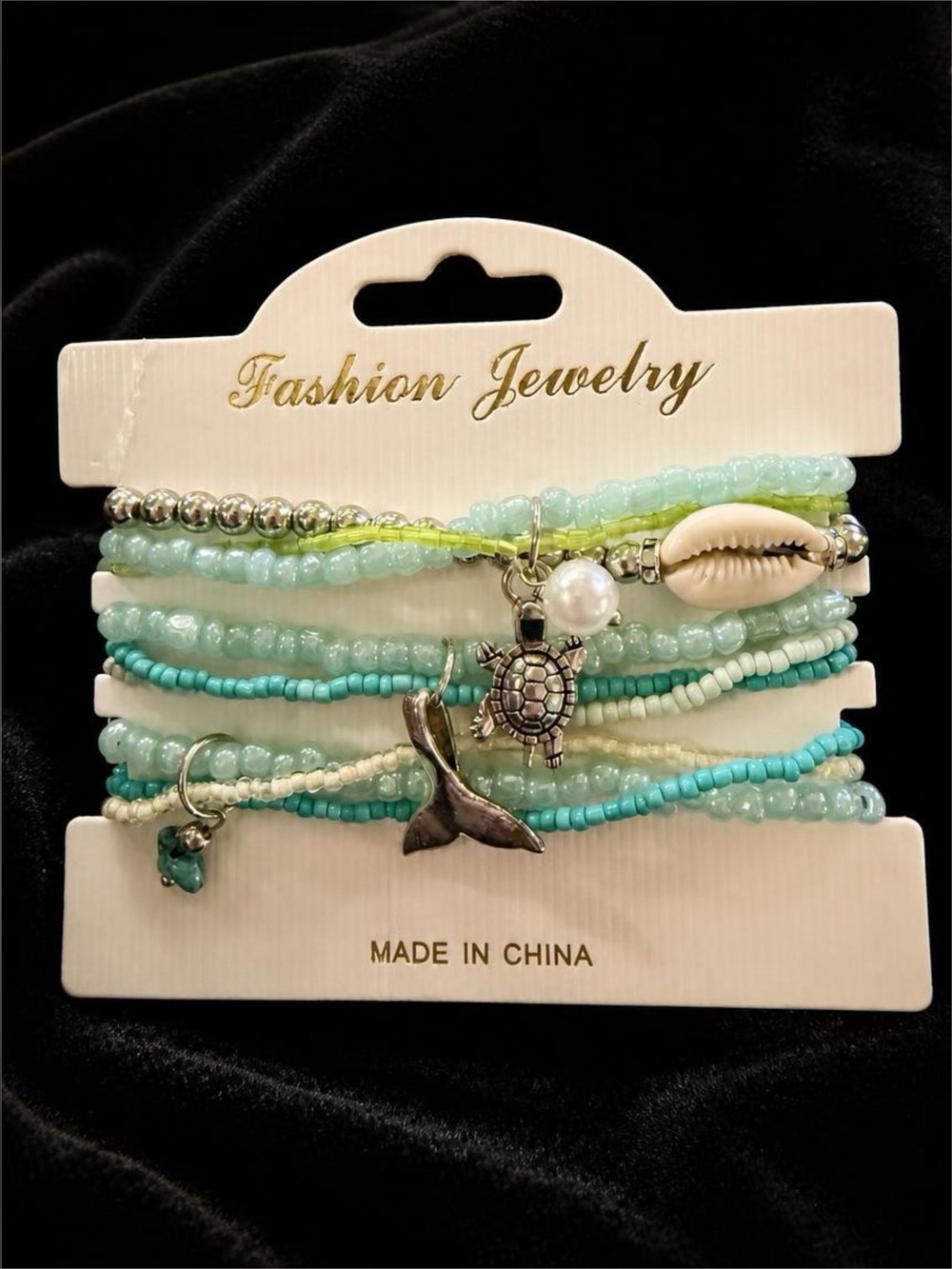Fashion Jewelry Set of Bracelets in Blues and Greens with Seaside, Ocean Charms